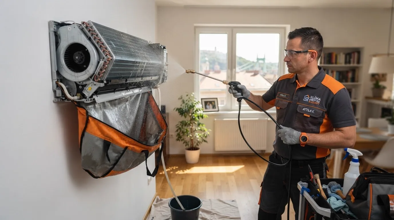 DT Klíma szakembere klímaberendezést tisztít és karbantart egy budapesti lakásban